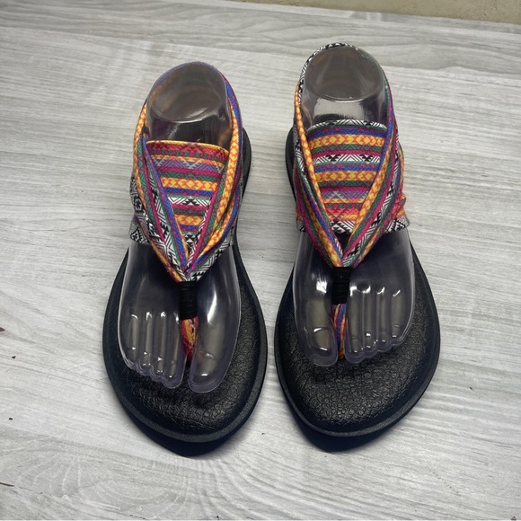 Sanuk Multicolor Geometric Fabric Yoga Mat Thong Sling Back Sandal Womens Size 8 - Picture 2 of 11